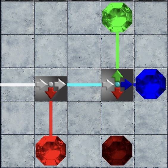 The same combination in action: red is peeled off first, then the 3-way splitter divides the remaining cyan beam into green and blue.