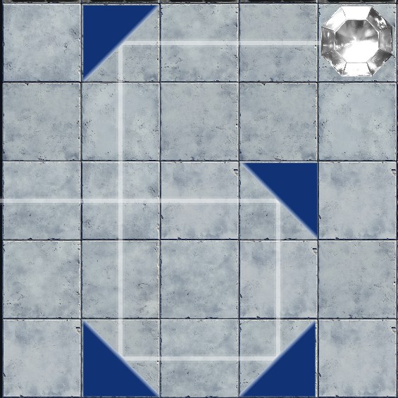 The same four mirrors, each hit by a white beam that gets deflected at a right angle.