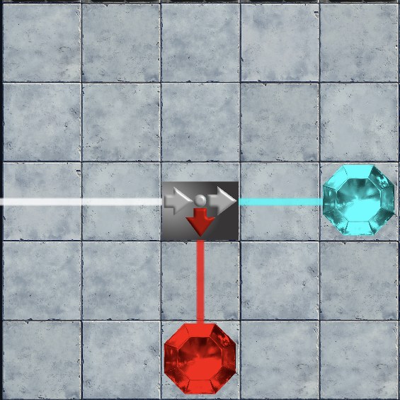 The same colour splitter peeling red off a white beam; cyan continues onward.