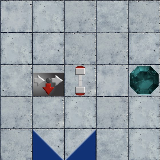 A red door blocking a horizontal cyan beam.