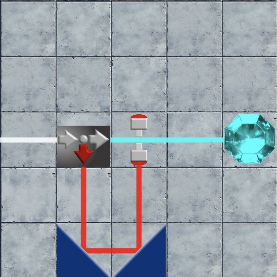 The same door, now also struck from above by a red beam — it has opened, and the cyan beam runs straight through.