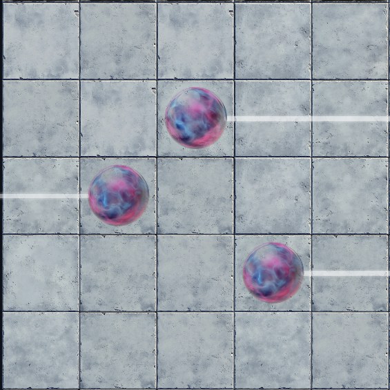 The same setup: the left warp is hit by a white laser, and the same white beam exits each of the other two warps in the same direction.