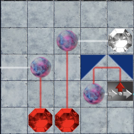 The same setup with the laser running: a white beam is distributed via the warps, then red is split off and routed back into the middle warp via two mirrors.